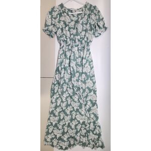 Baltic Born Green White Floral Print Smocked Midi Dress Short Puff Sleeve M